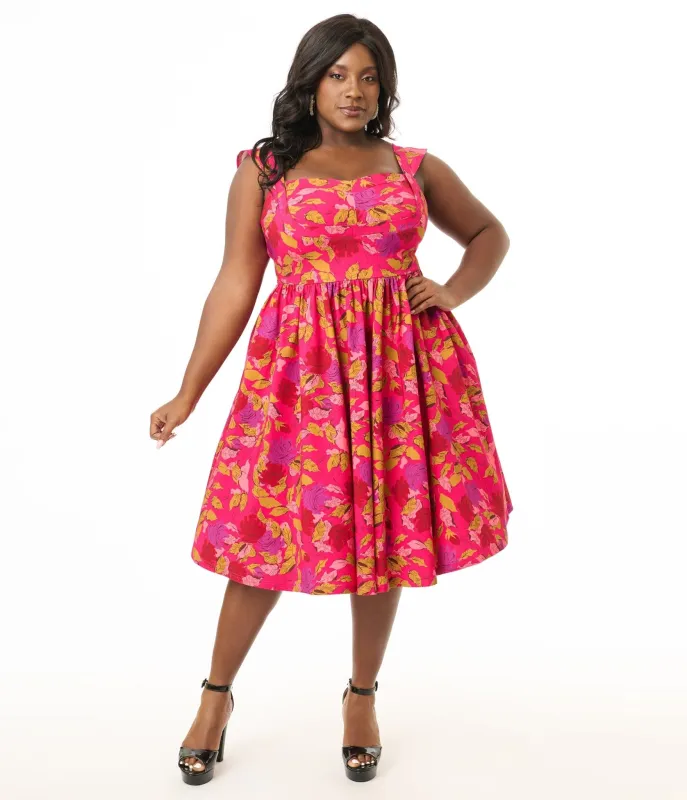 Unique Vintage Plus Size 1950s Pink & Red Floral Sleeveless Swing Dress sold by Unique Vintage