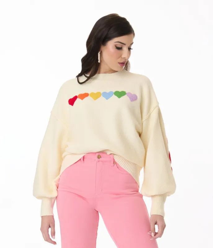 Ivory & Rainbow Heart Shaped Patch Sweater sold by Unique Vintage