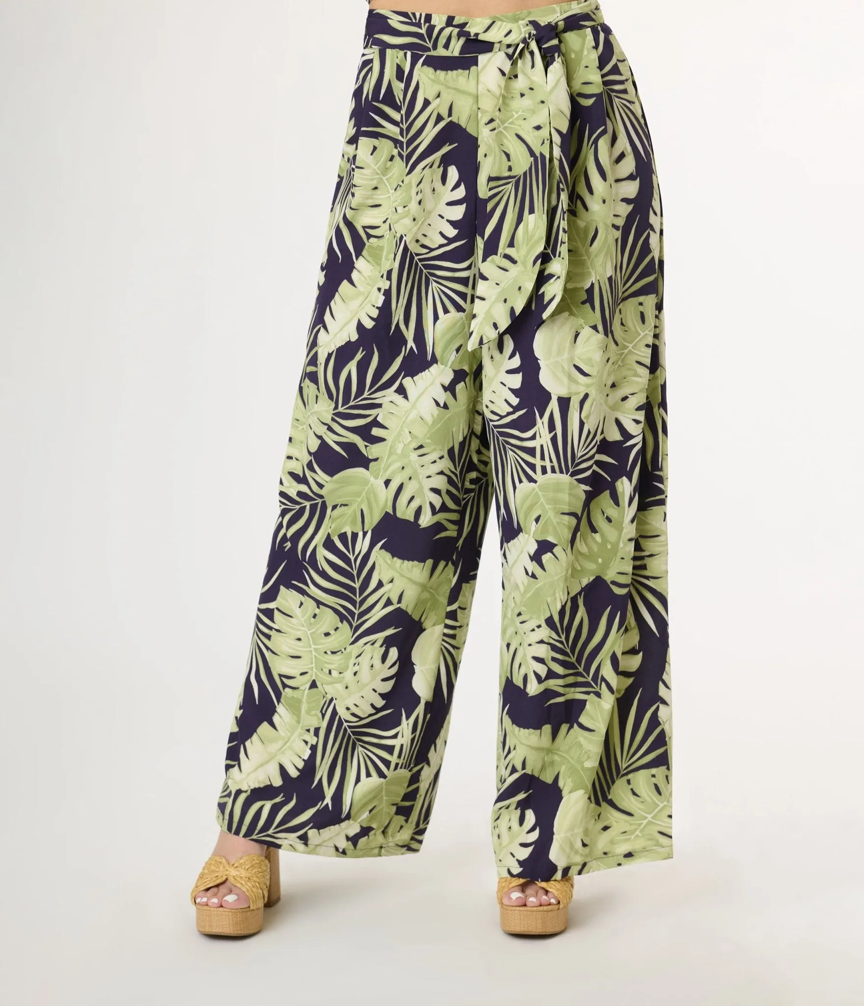 Navy & Green Tropical Belted Wide Leg Pants sold by Unique Vintage product image thumbnail 2