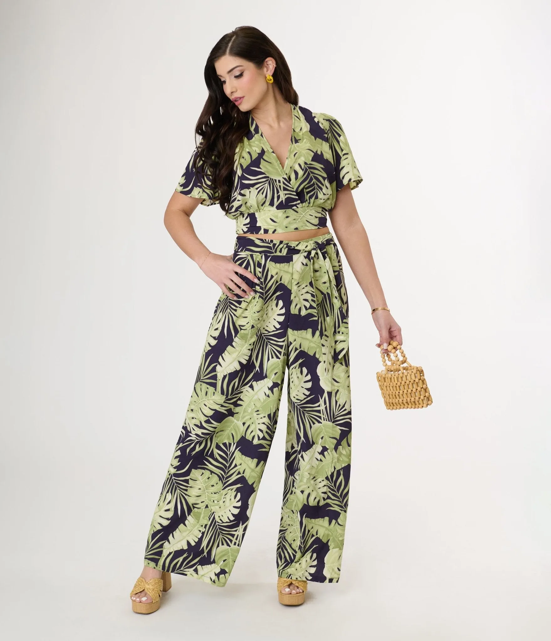 Navy & Green Tropical Belted Wide Leg Pants sold by Unique Vintage