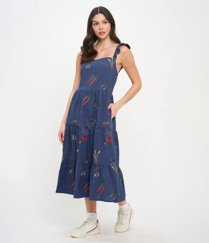 Veggie Garden Embroidered Cotton Midi Dress sold by Unique Vintage