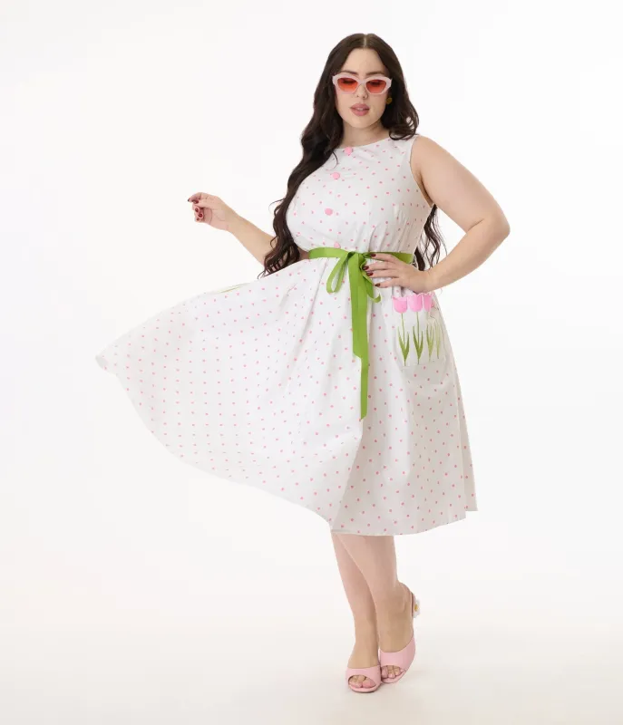 Smak Parlour Plus Size Pink Pin Dot Tulip Sleeveless Swing Dress sold by Unique Vintage
