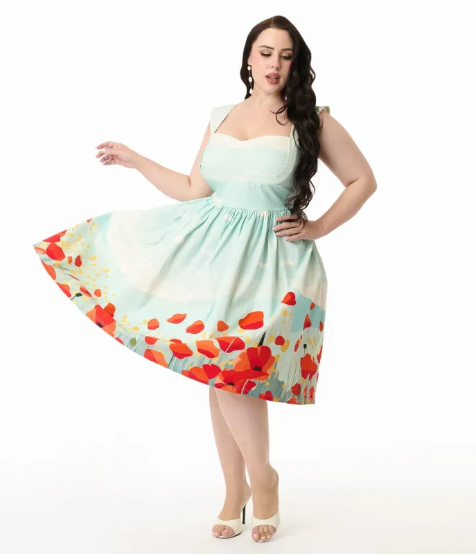 Unique Vintage Plus Size Blue Sky & Poppy Field Sleeveless Swing Dress sold by Unique Vintage