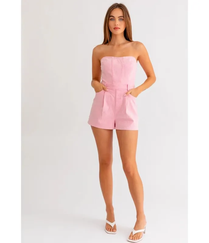 Pink Denim Tube Top Romper sold by Unique Vintage
