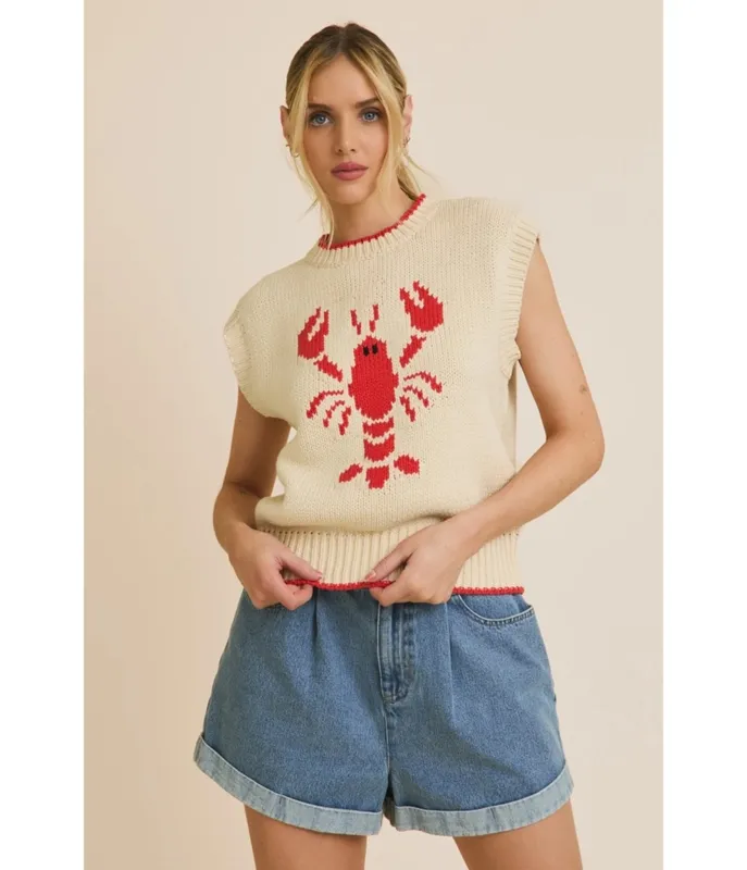 Cream & Red Lobster High Neck Sleeveless Sweater sold by Unique Vintage