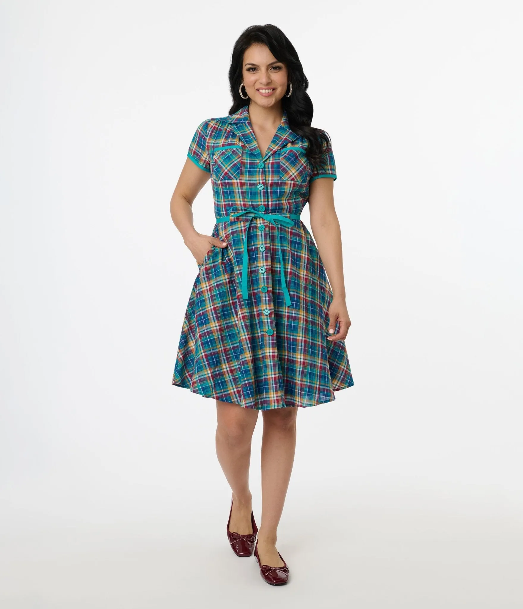 Smak Parlour 1960s Teal Madras Fit & Flare Dress sold by Unique Vintage product image thumbnail 4