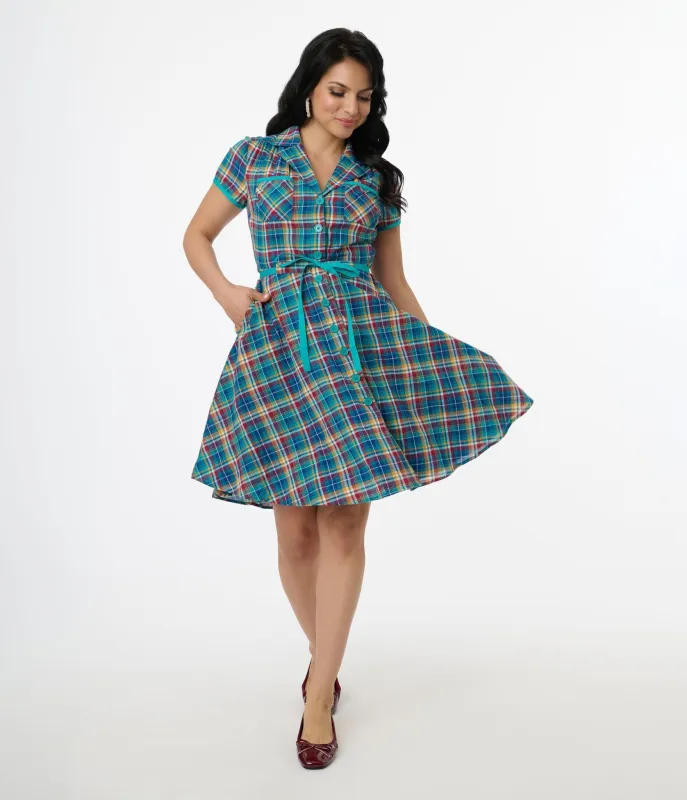 Smak Parlour 1960s Teal Madras Fit & Flare Dress sold by Unique Vintage