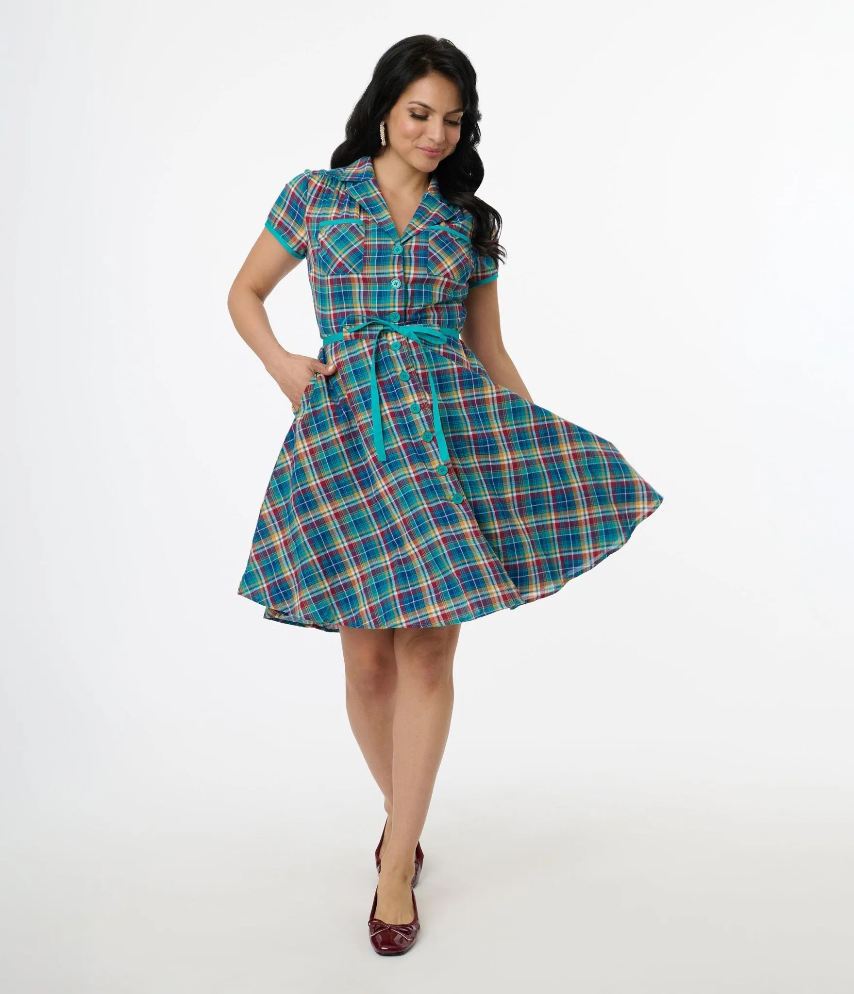 Smak Parlour 1960s Teal Madras Fit & Flare Dress sold by Unique Vintage