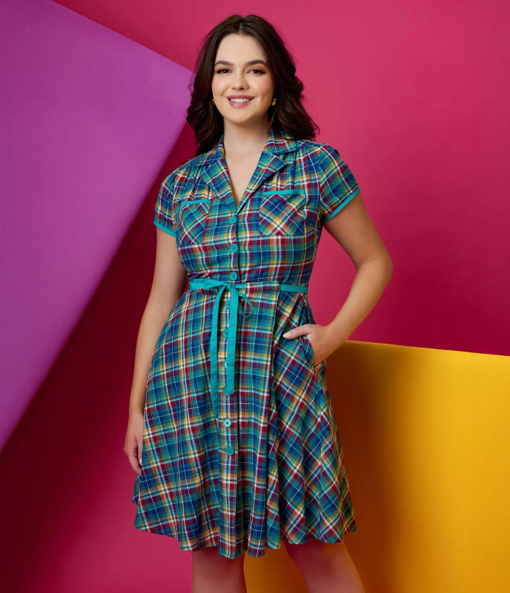 Smak Parlour 1960s Teal Madras Fit & Flare Dress sold by Unique Vintage product image thumbnail 5