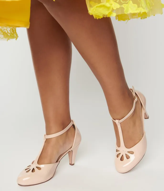 1920s Nude Patent Leatherette Cutout Kimmy T-Strap Heels sold by Unique Vintage