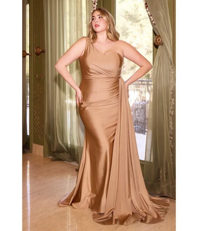 Cinderella Divine Plus Size Gold Fitted One Shoulder Satin Bridesmaid Dress sold by Unique Vintage