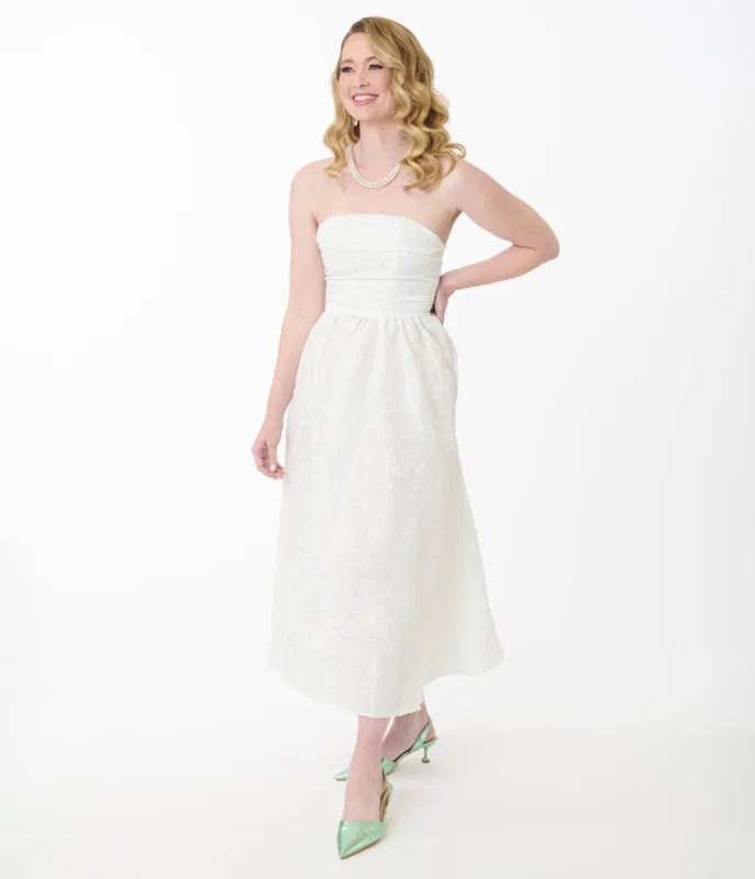 White Satin Jacquard Bandeau Midi Dress sold by Unique Vintage