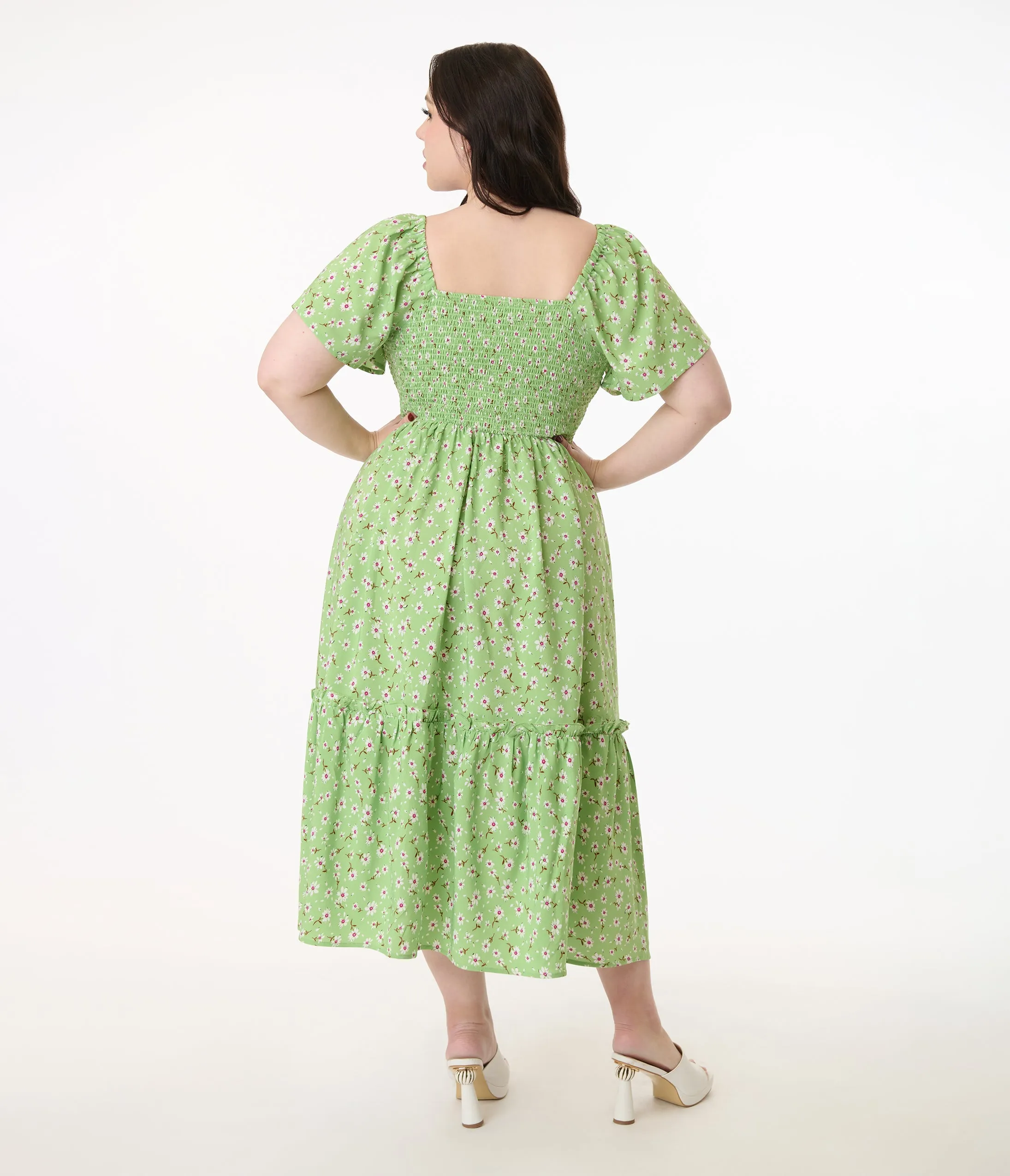 Unique Vintage Plus Size Green & White Ditsy Floral Smocked Bodice Midi Dress sold by Unique Vintage product image thumbnail 3