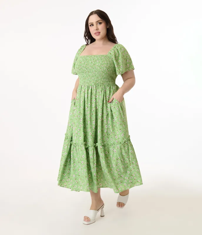 Unique Vintage Plus Size Green & White Ditsy Floral Smocked Bodice Midi Dress sold by Unique Vintage