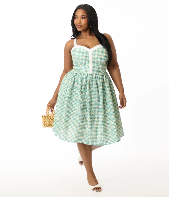 Unique Vintage Plus Size Green Gingham & Floral Sweetheart Swing Dress sold by Unique Vintage