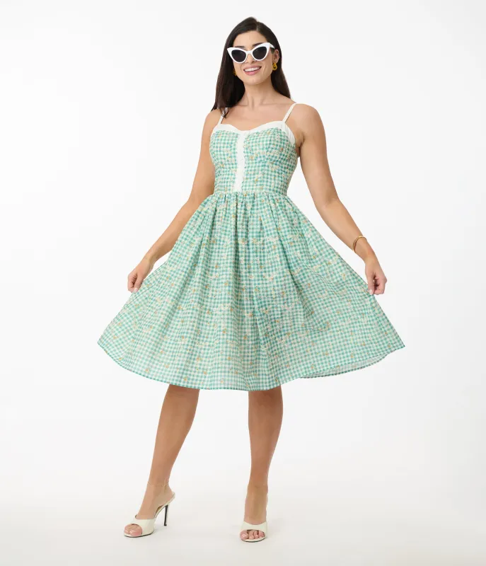 Unique Vintage Green Gingham & Floral Sweetheart Swing Dress sold by Unique Vintage