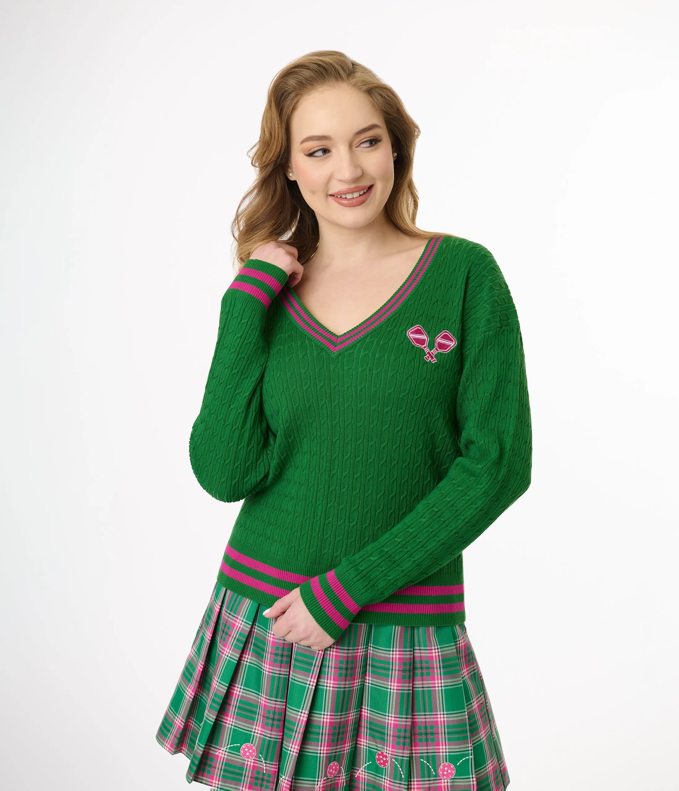 Smak Parlour Pink & Green Pickleball Sweater sold by Unique Vintage