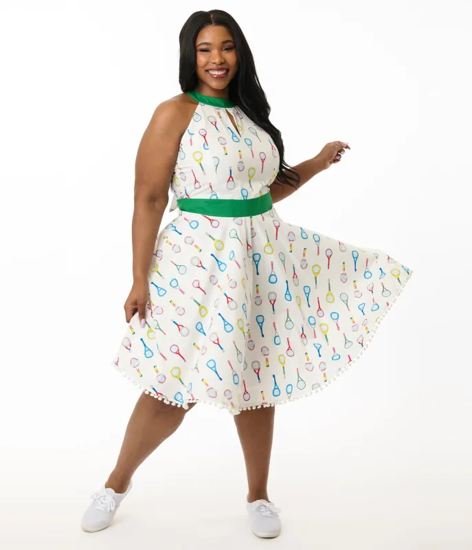 Smak Parlour Plus Size White Tennis Racket Print Cotton Make Me Over Flare Dress sold by Unique Vintage