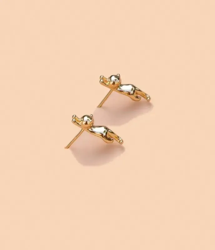 Gold Meow Stud Earrings sold by Unique Vintage