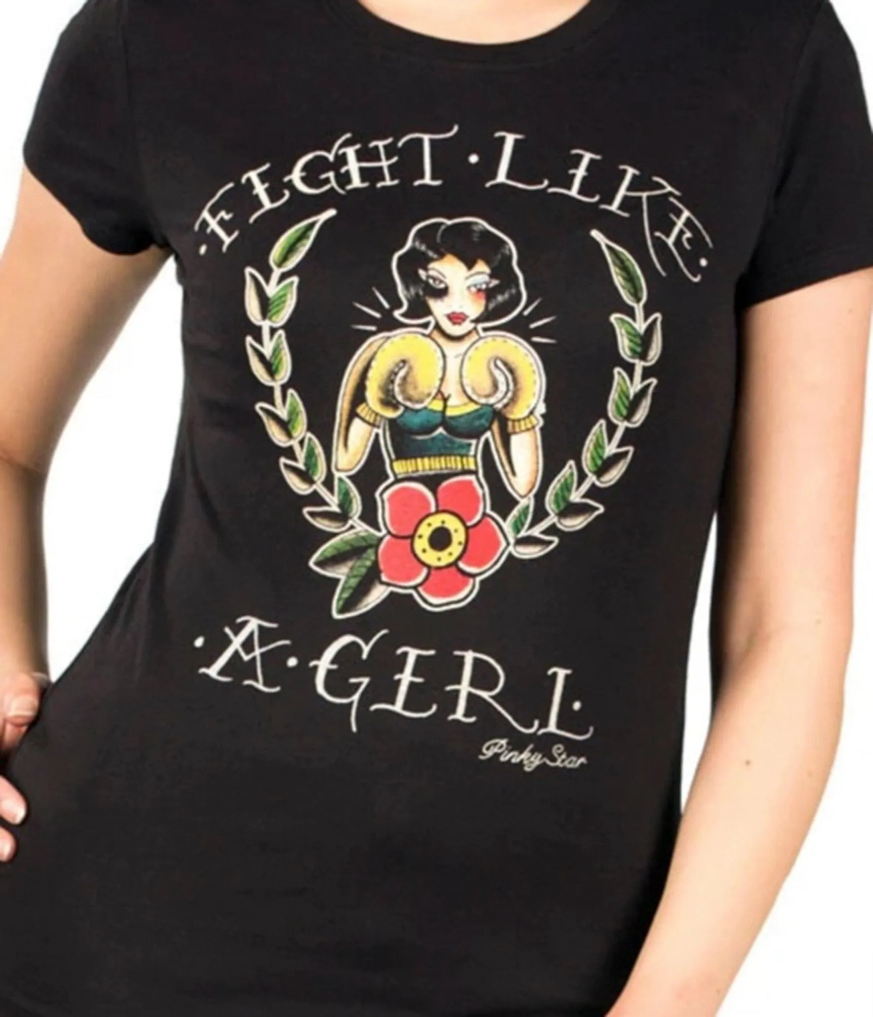 Pinky Star Fight Like A Girl Tattoo Pinup Graphic Tee sold by Unique Vintage