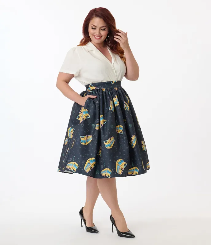 Unique Vintage Plus Size Teacher Appreciation Navy & Yellow School Bus Print Gellar Swing Skirt sold by Unique Vintage