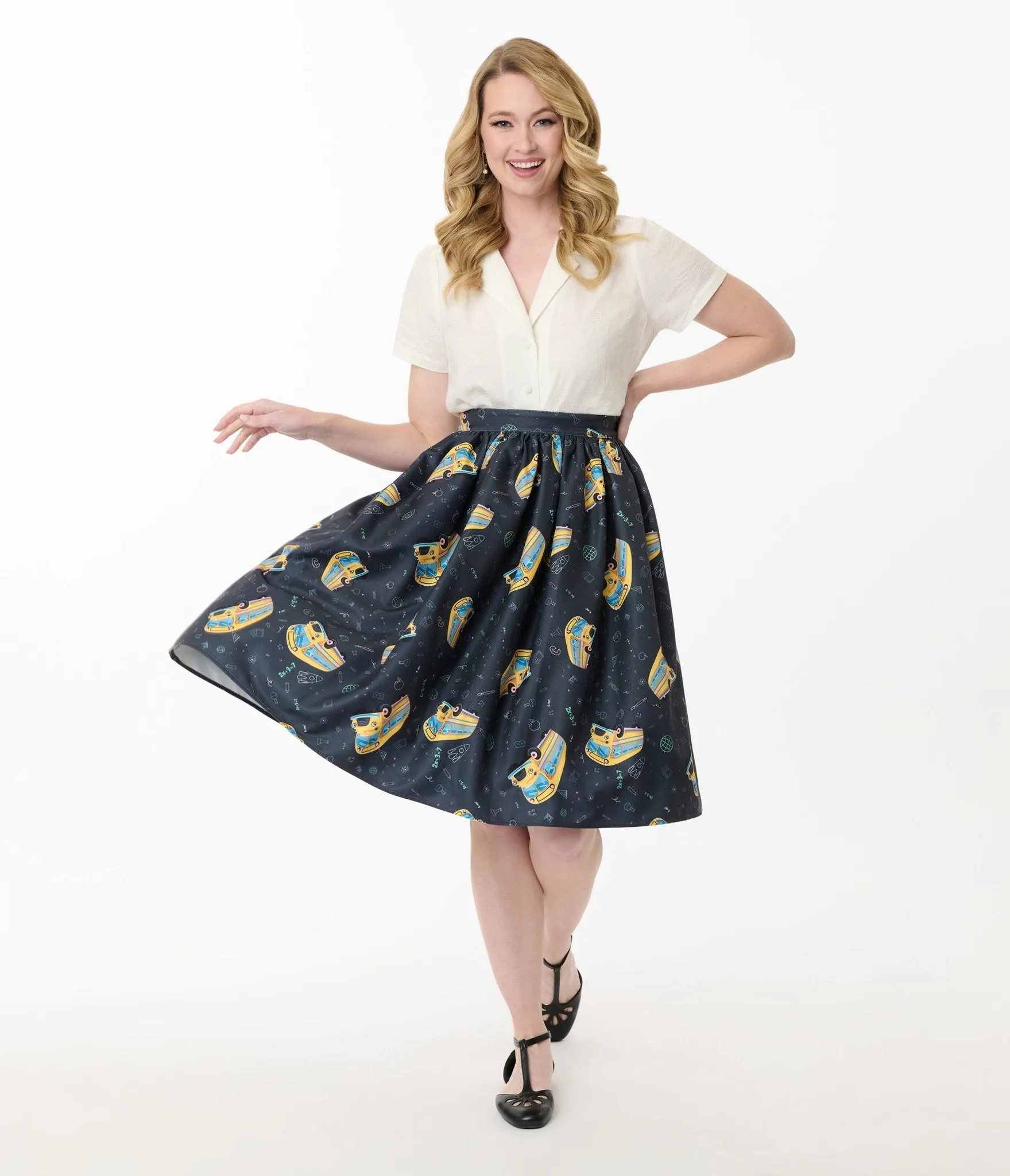 Unique Vintage Teacher Appreciation Navy & Yellow School Bus Print Gellar Swing Skirt sold by Unique Vintage product image thumbnail 5