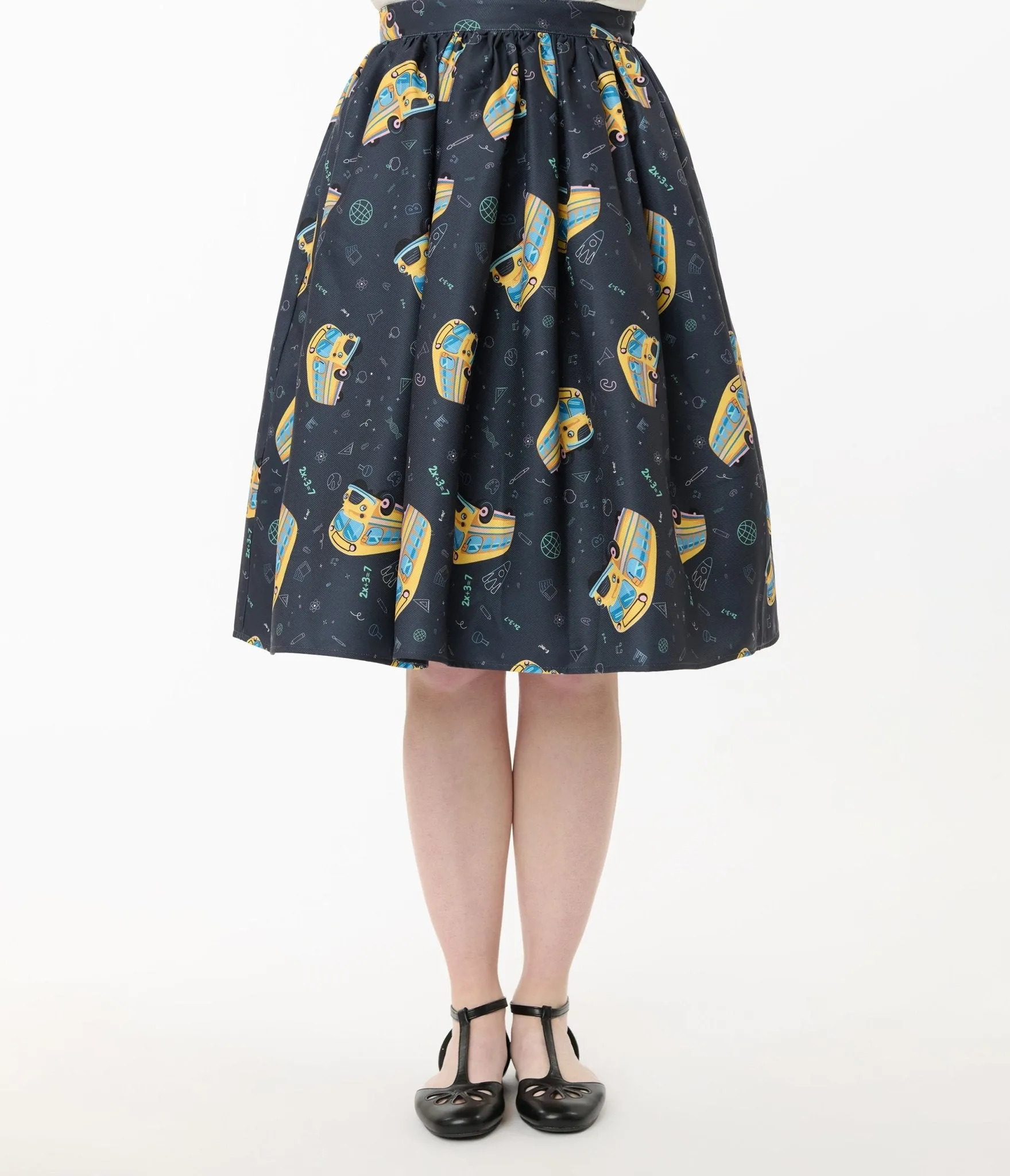 Unique Vintage Teacher Appreciation Navy & Yellow School Bus Print Gellar Swing Skirt sold by Unique Vintage product image thumbnail 3