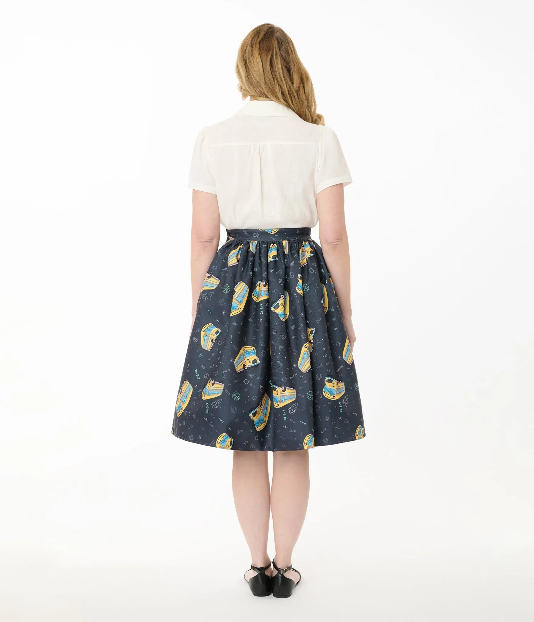 Unique Vintage Teacher Appreciation Navy & Yellow School Bus Print Gellar Swing Skirt sold by Unique Vintage product image thumbnail 4