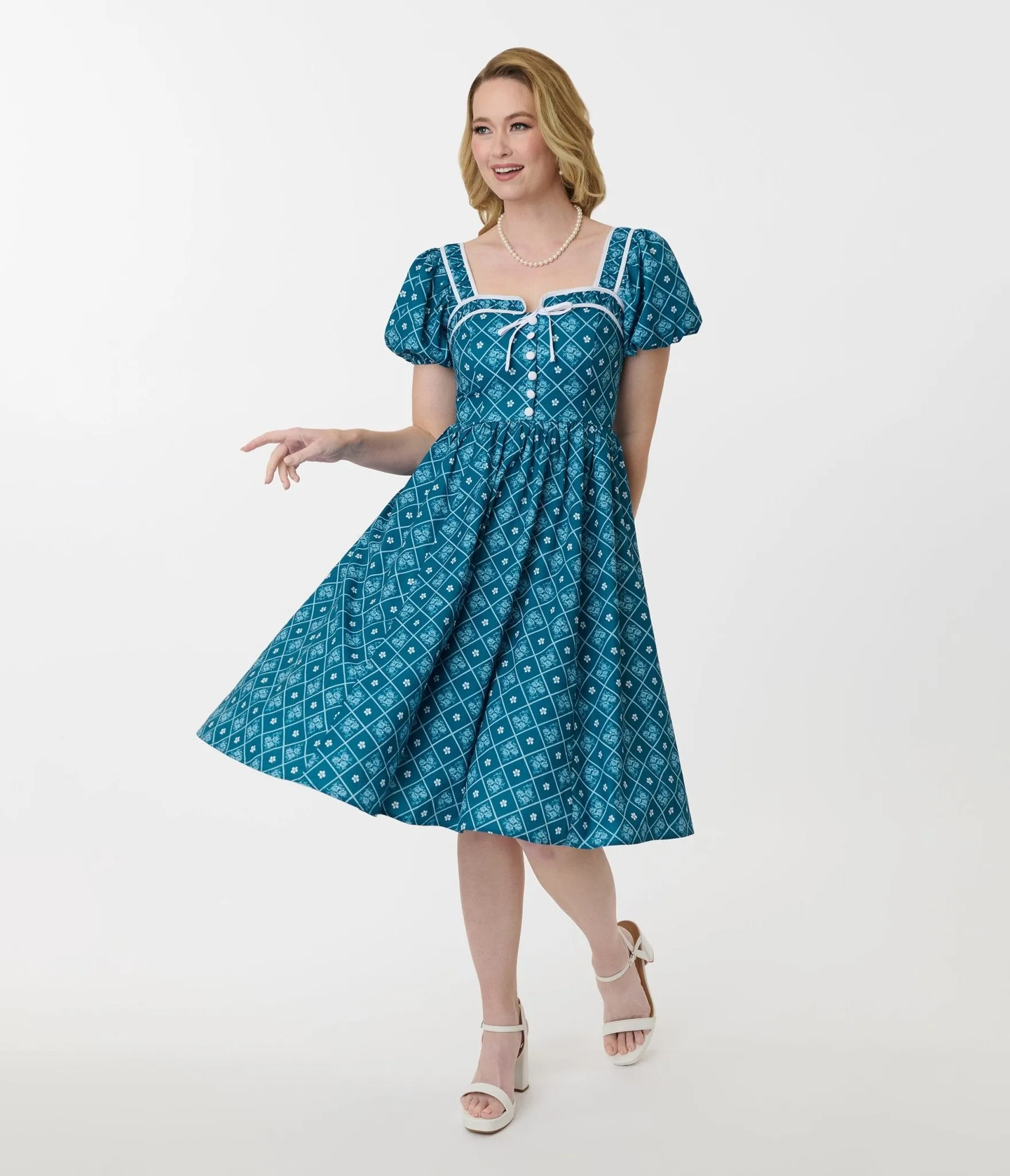 Unique Vintage Blue French Country Diamond Button Front Dress sold by Unique Vintage product image thumbnail 4