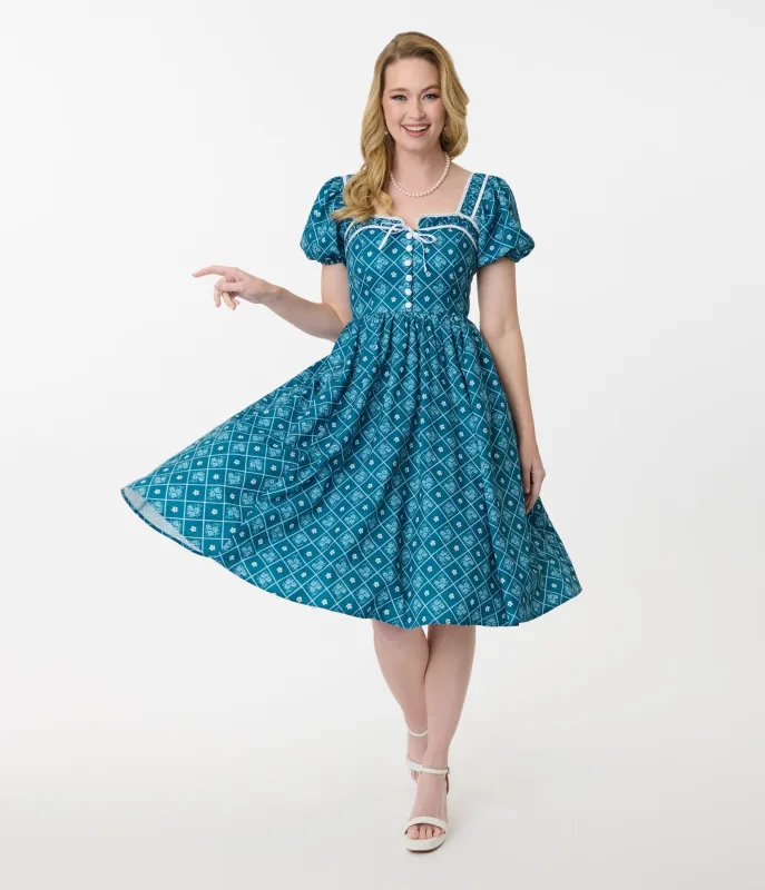 Unique Vintage Blue French Country Diamond Button Front Dress sold by Unique Vintage