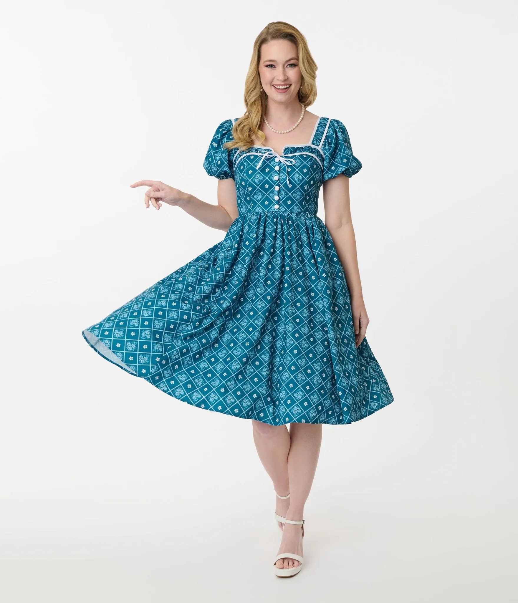 Unique Vintage Blue French Country Diamond Button Front Dress sold by Unique Vintage