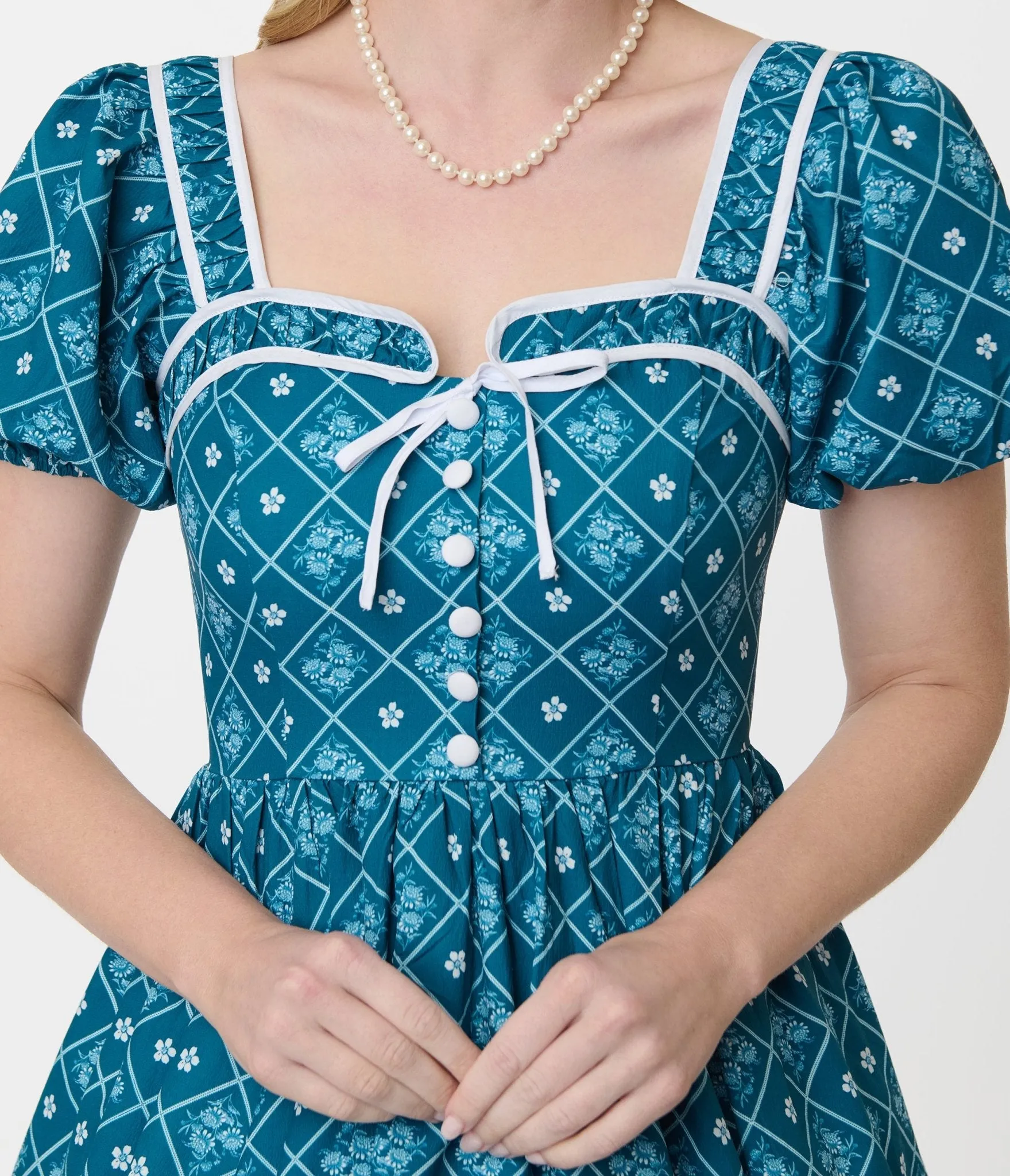 Unique Vintage Blue French Country Diamond Button Front Dress sold by Unique Vintage product image thumbnail 2