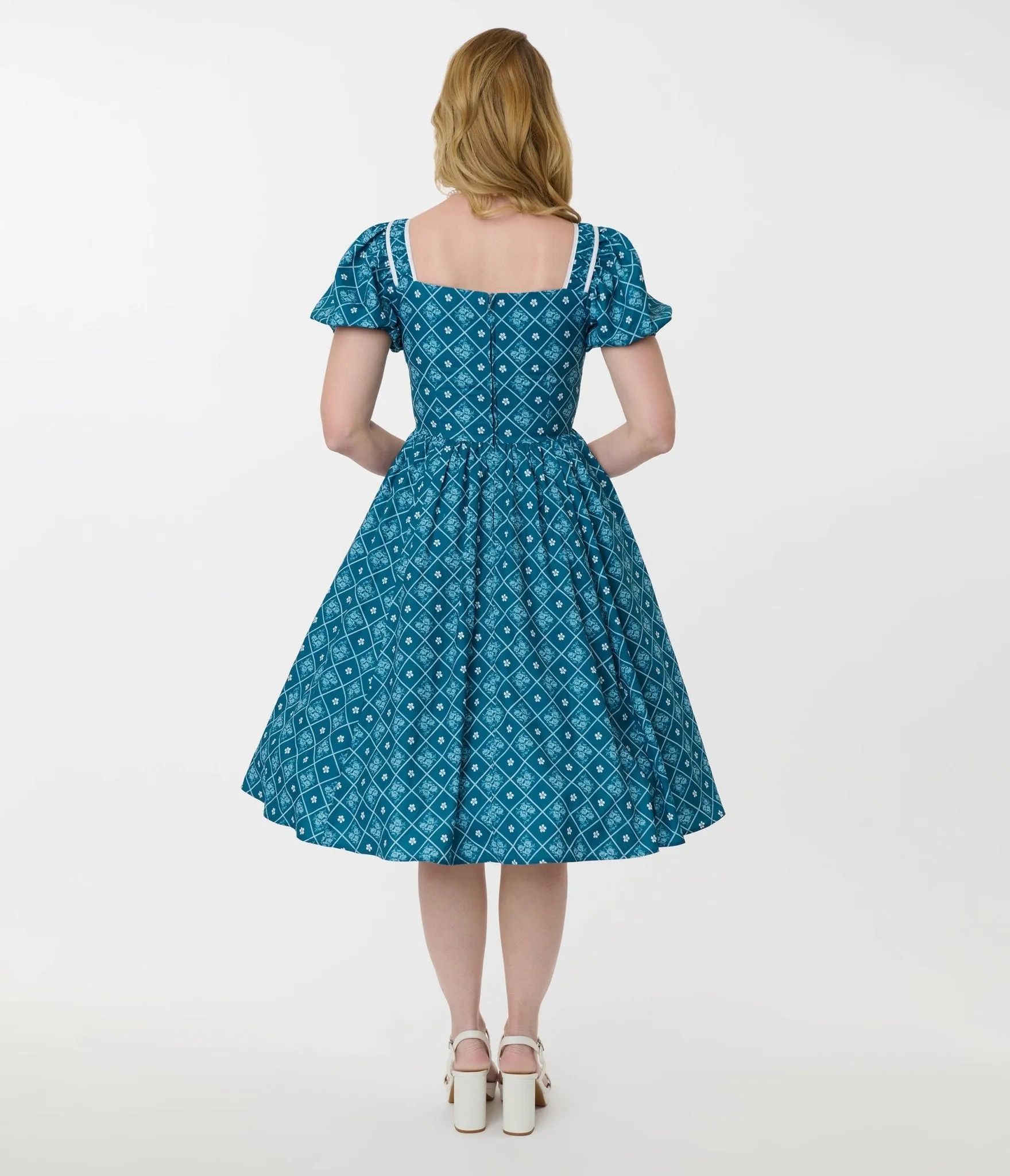 Unique Vintage Blue French Country Diamond Button Front Dress sold by Unique Vintage product image thumbnail 3