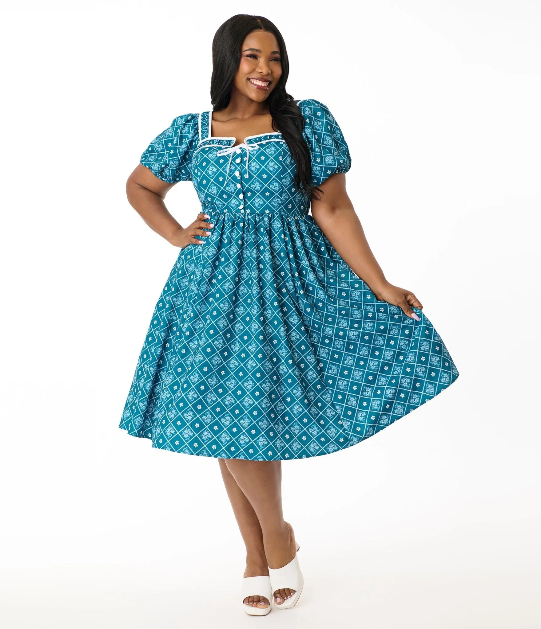 Unique Vintage Plus Size Blue French Country Diamond Button Front Dress sold by Unique Vintage