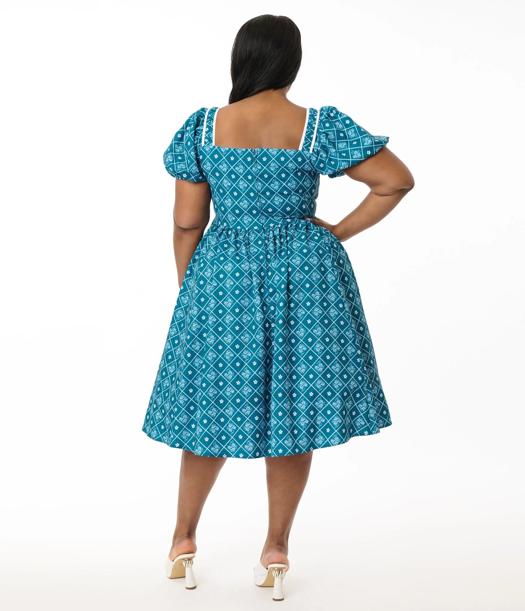 Unique Vintage Plus Size Blue French Country Diamond Button Front Dress sold by Unique Vintage product image thumbnail 3