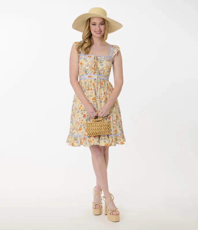 Smak Parlour Yellow & Periwinkle Floral Corset Fit & Flare Dress sold by Unique Vintage