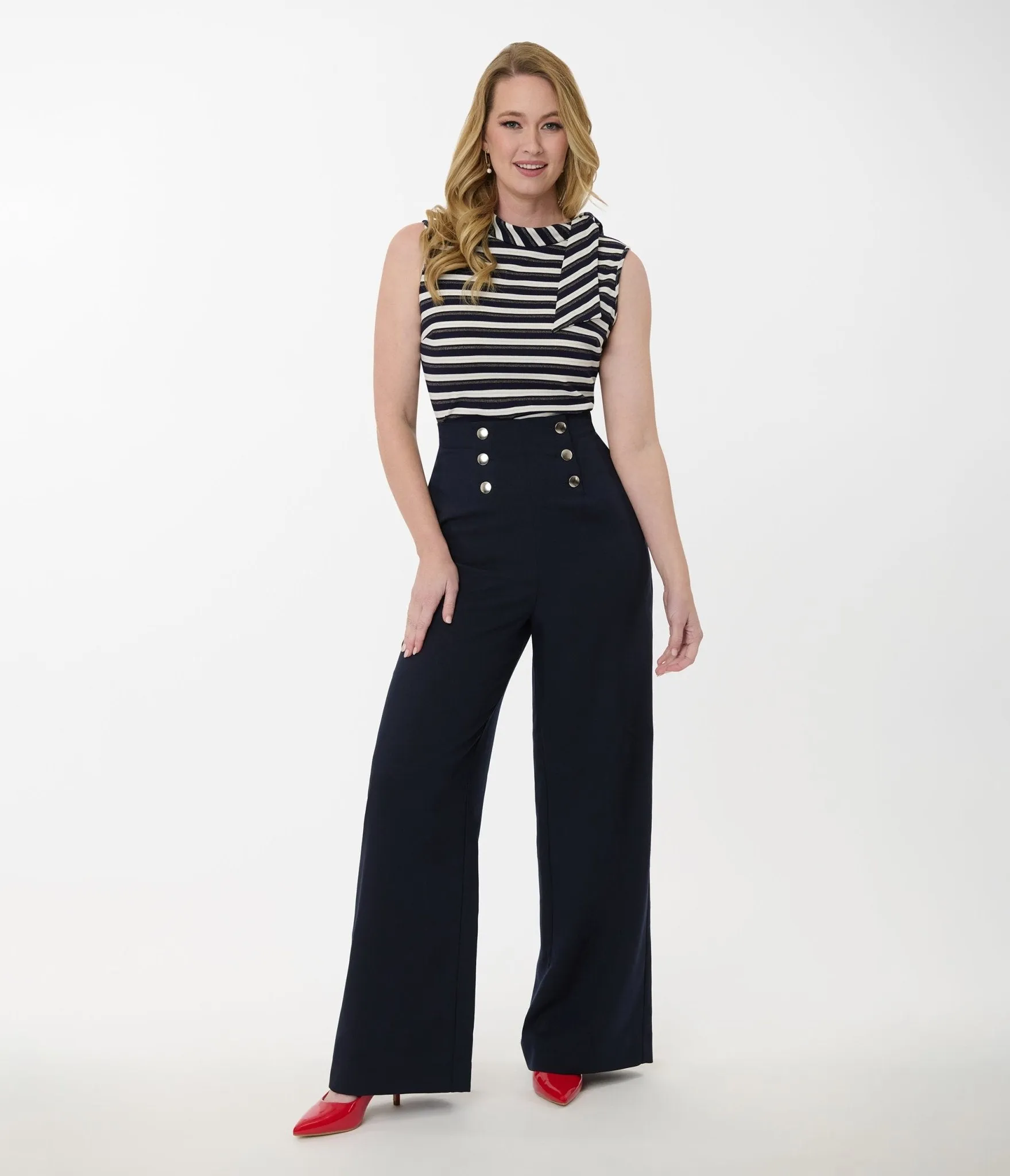 Smak Parlour Navy & Silver Button Wide Leg Sailor Pants sold by Unique Vintage