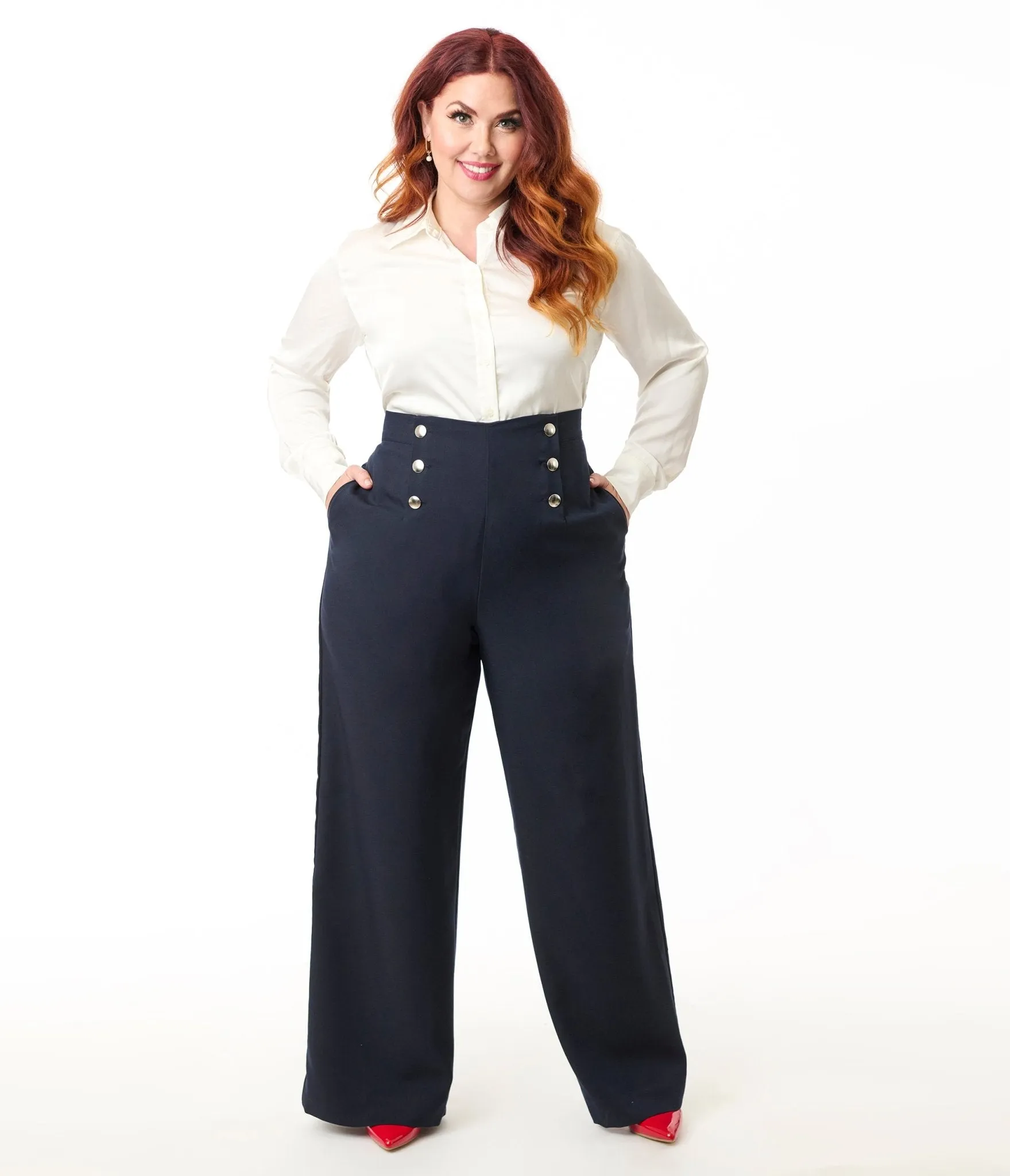 Smak Parlour Plus Size Navy & Silver Button Wide Leg Sailor Pants sold by Unique Vintage