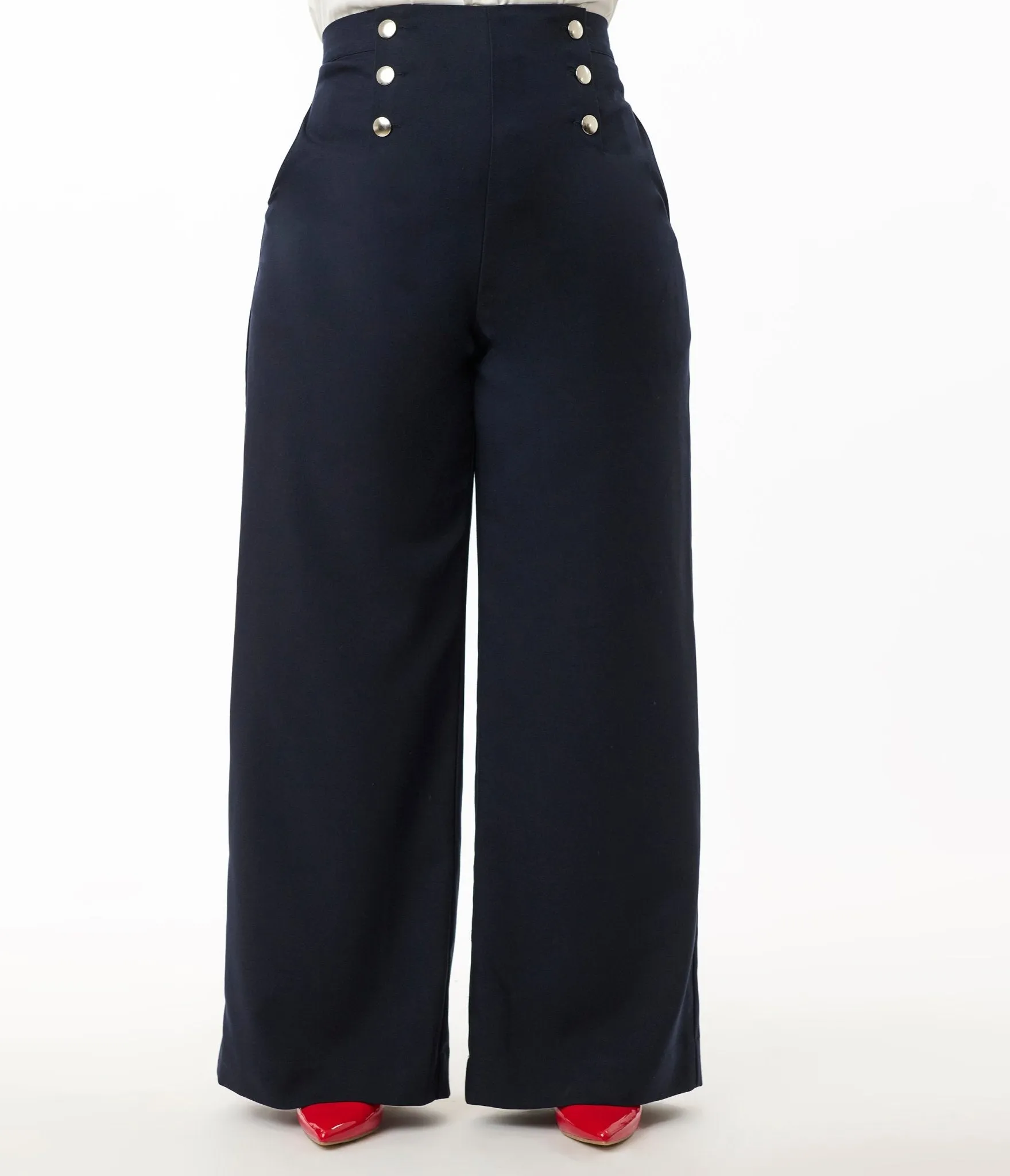 Smak Parlour Plus Size Navy & Silver Button Wide Leg Sailor Pants sold by Unique Vintage product image thumbnail 2