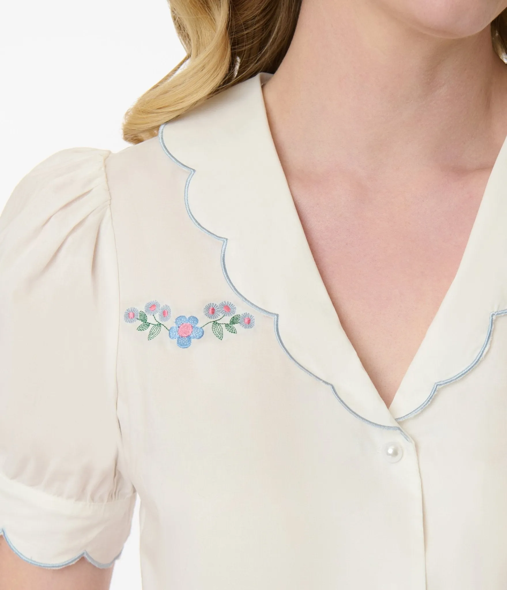 Smak Parlour White & Blue Floral Embroidered Puff Sleeve Top sold by Unique Vintage product image thumbnail 2
