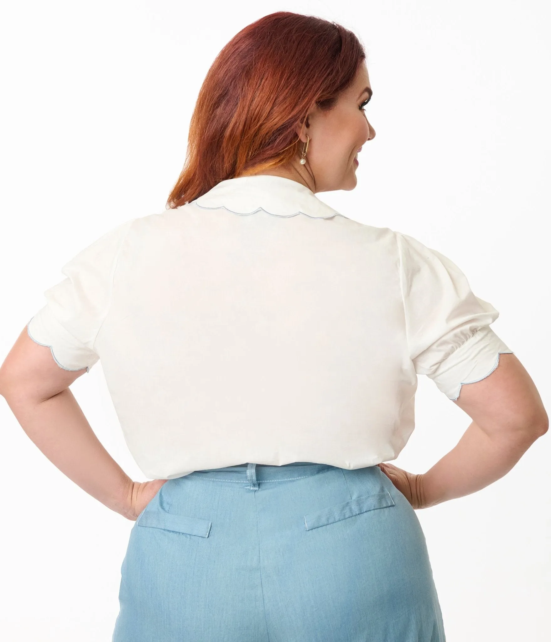 Smak Parlour Plus Size White & Blue Floral Embroidered Puff Sleeve Top sold by Unique Vintage product image thumbnail 3
