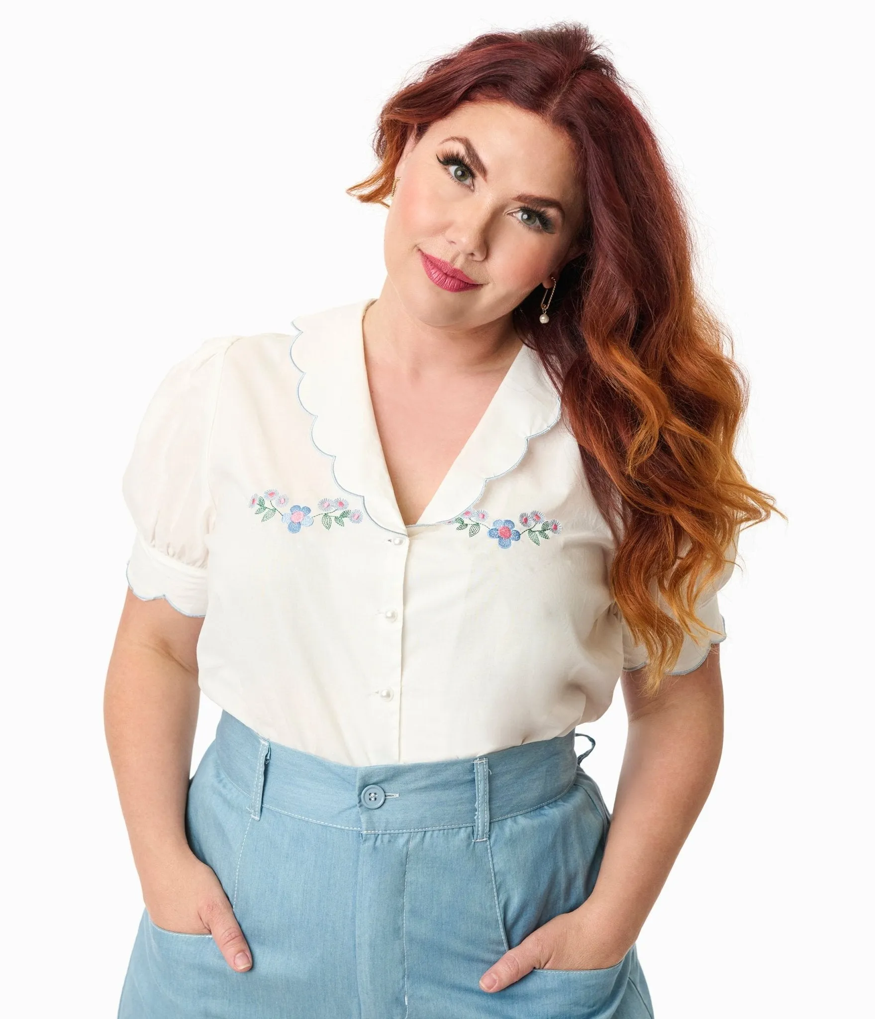 Smak Parlour Plus Size White & Blue Floral Embroidered Puff Sleeve Top sold by Unique Vintage