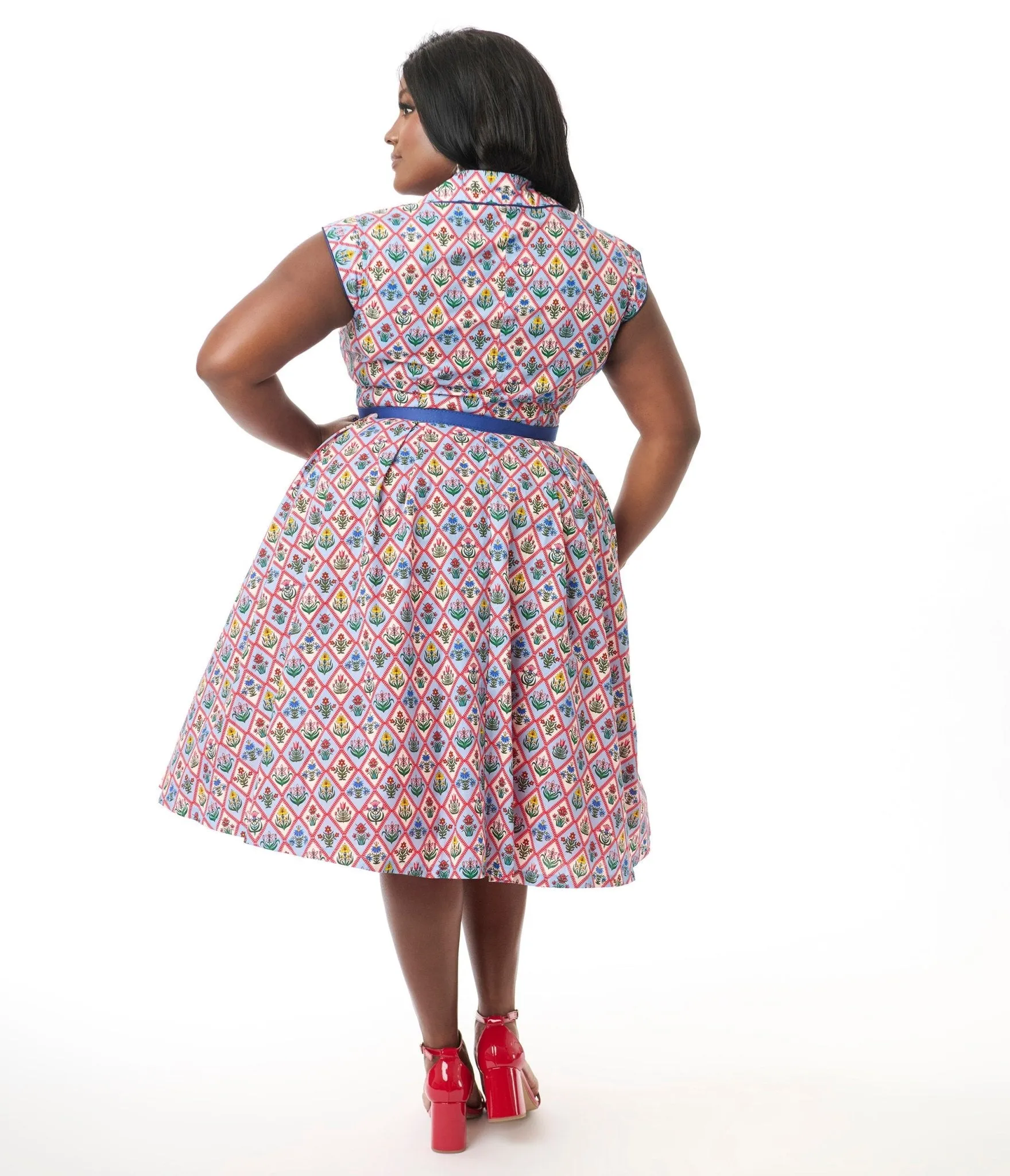 Unique Vintage Plus Size Blue Diamond Floral Shirt Swing Dress sold by Unique Vintage product image thumbnail 3