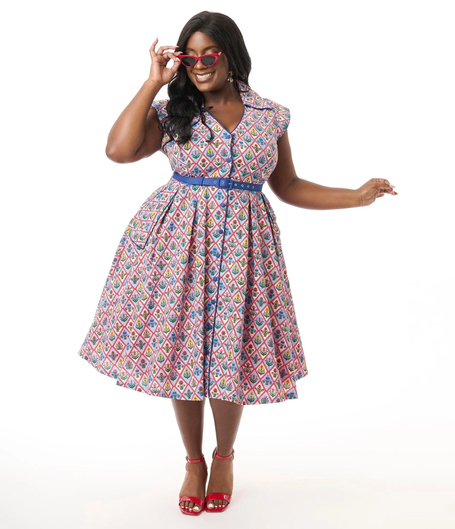 Unique Vintage Plus Size Blue Diamond Floral Shirt Swing Dress sold by Unique Vintage