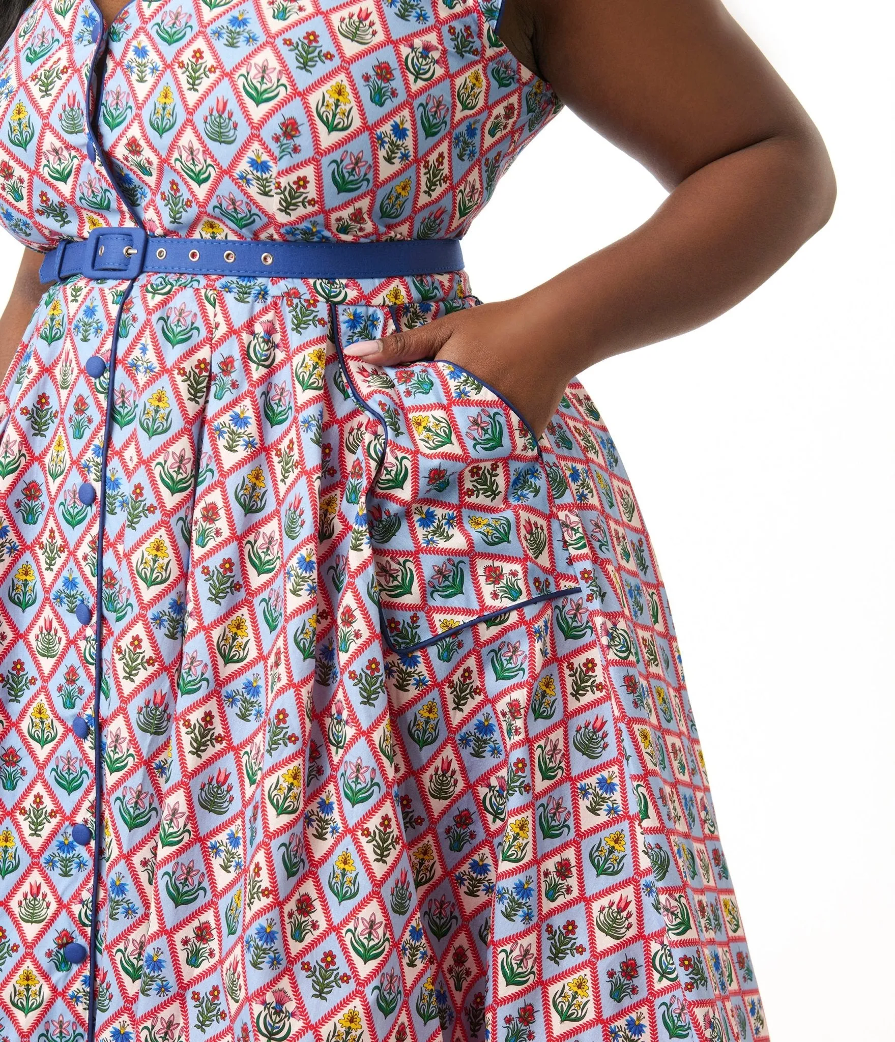 Unique Vintage Plus Size Blue Diamond Floral Shirt Swing Dress sold by Unique Vintage product image thumbnail 2
