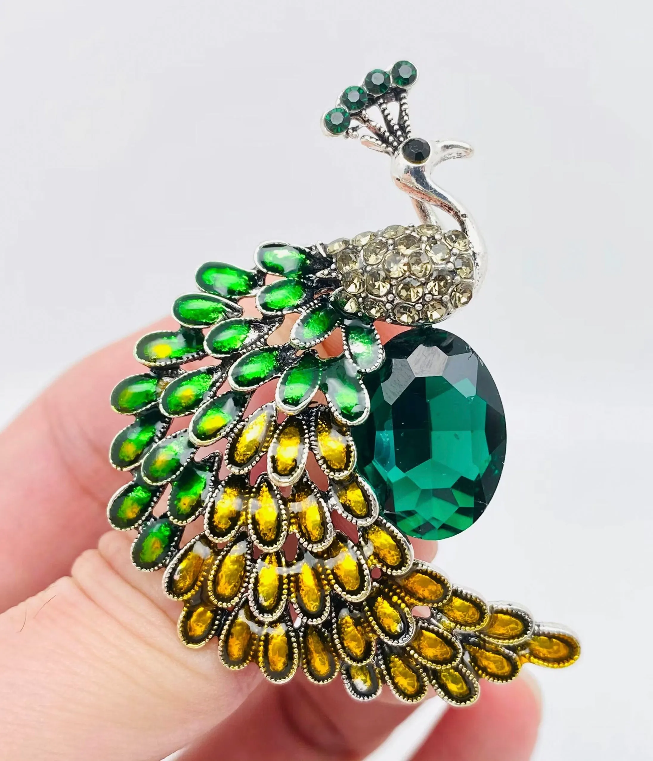 Rhinestone Peacock Enamel Brooch sold by Unique Vintage