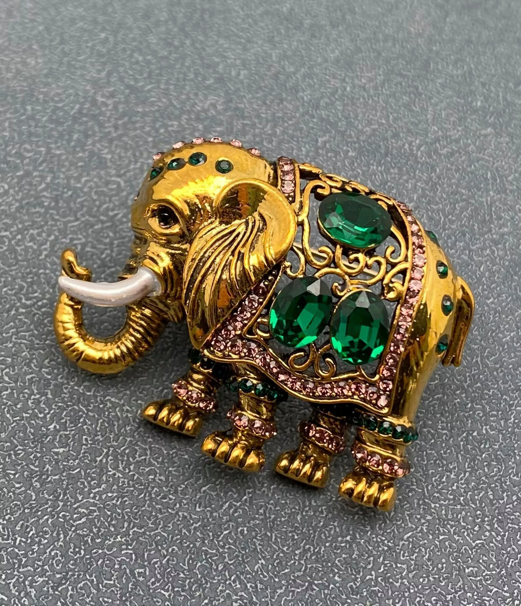 Gold & Green Thai Elephant Brooch sold by Unique Vintage