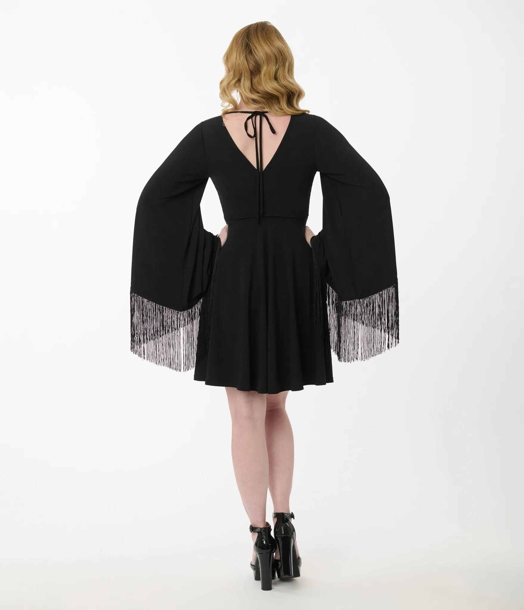 Smak Parlour Black Fringe Bell Sleeve Fit & Flare Dress sold by Unique Vintage product image thumbnail 3