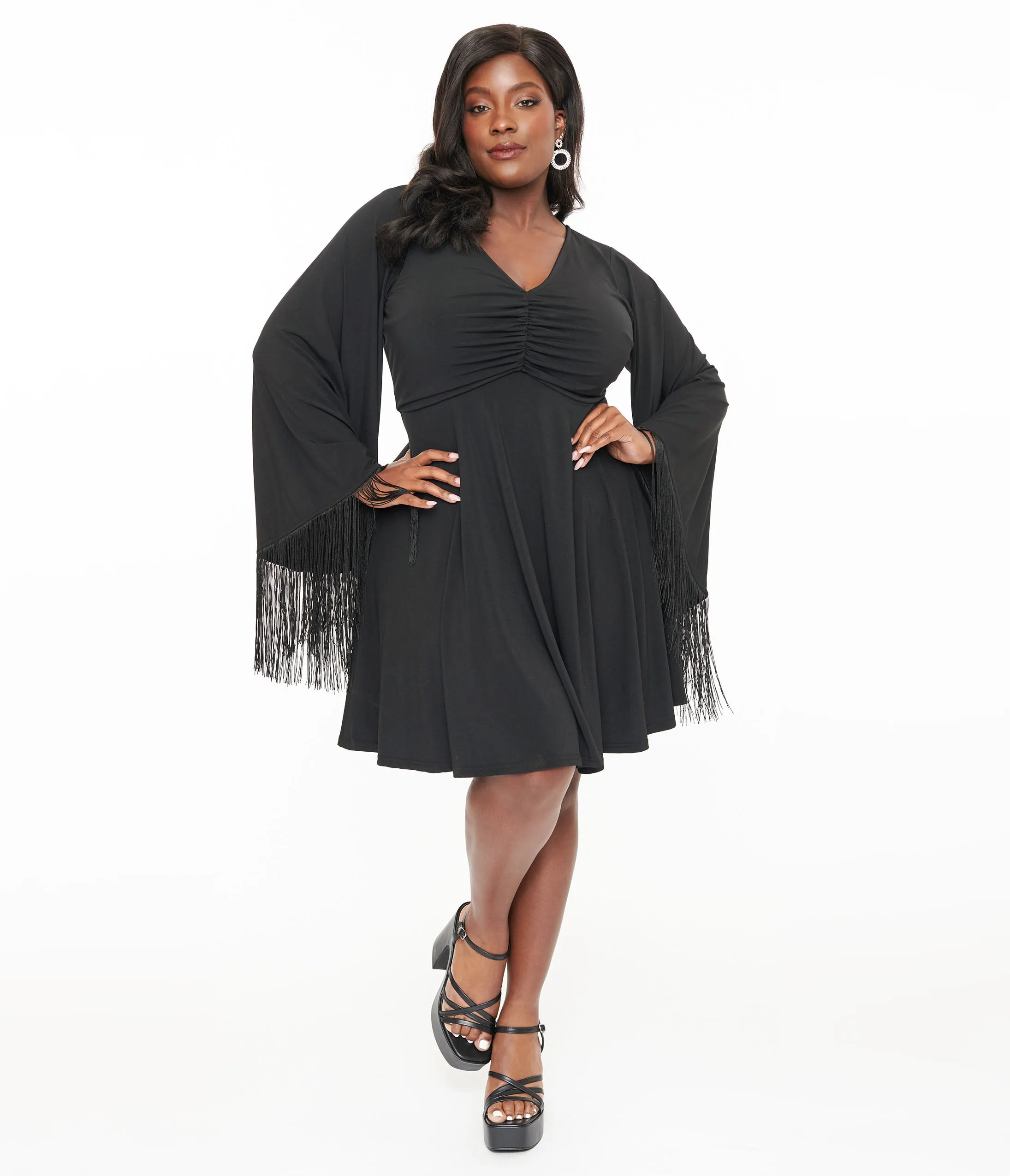 Smak Parlour Plus Size Black Fringe Bell Sleeve Fit & Flare Dress sold by Unique Vintage product image thumbnail 3