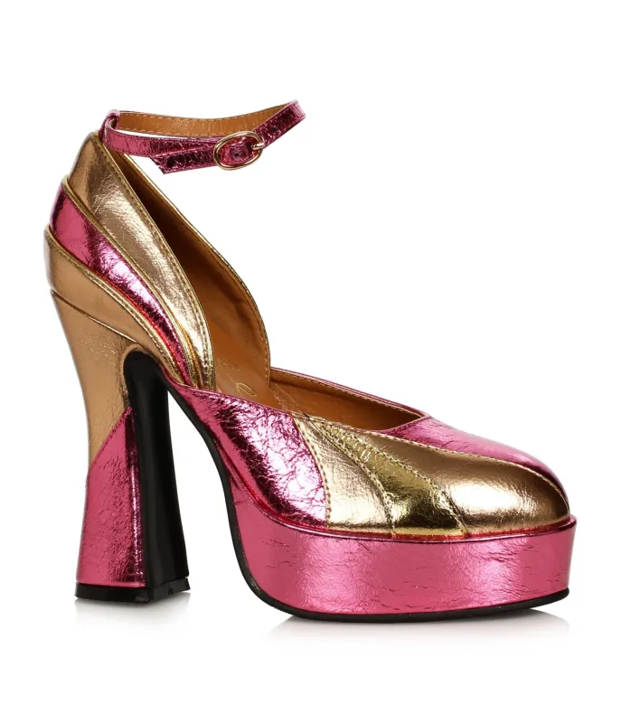 Ellie Shoes 1970s Fuchsia & Gold Dance Platform Heels sold by Unique Vintage